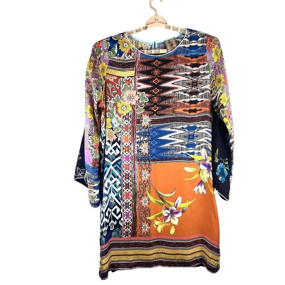 Johnny Was Womens Large Luna Colorful Silk Floral Geometric Boho Shift Dress - Picture 2 of 11